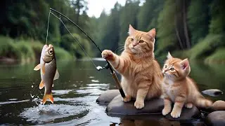 Mama Cat Catches Fish at River With Kitten - Comes Back Home, Make Fish Soup and Meals For Kitten🎣🐟🍕