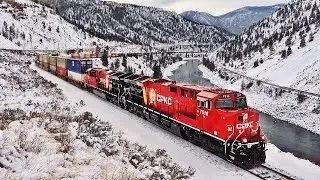 CHASING FRESH PAINTED CPKC UNITS LEADING DOUBLE STACK THRU THE SNOWY CANYON IN BC!