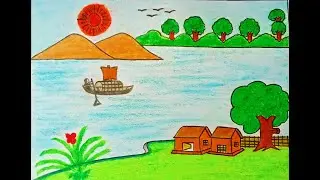 Bengali village scenery |  Indian village scenery drawing beautiful riverside village scenery|