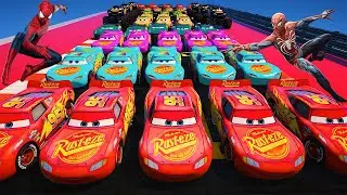 GTA 5 Spiderman vs Train Disney Cars Lightning and Monster McQueen Jackson Storm Fabulous Dinoco
