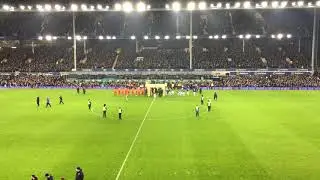 Players walk out Everton vs Liverpool, Goodison Park Upper Bullens, Premier League anthem,experience