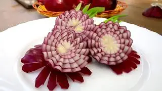 Beautiful Red Onion Design   How To Make Vegetable Carving Garnish   Food Art