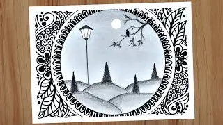 How to draw moonlight night scenery with pencil, Mandala art for beginners