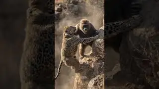🐆 Leopard vs Giant Baboon! Brutal Cliffside Fight 😱 #shorts