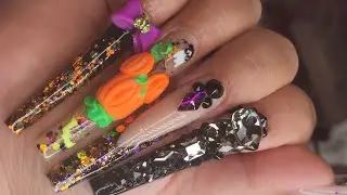 Disney Halloween Inspired acrylic nails| 3d pumpkin |Start to finish