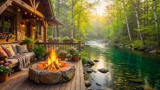 Cozy Spring Riverside Cabin Porch 🌿🔥 Calming Fire Pit, Birdsong & Flowing River for Deep Sleep