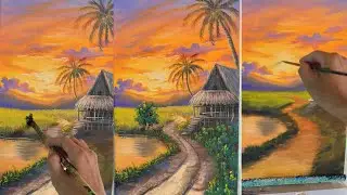 Peaceful Sunset Landscape Painting with Palm Trees and Countryside House | TreeFlow Art