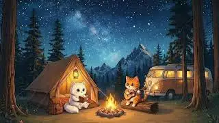 Cozy Campfire Night with Cats 🔥 Acoustic Guitar & Nature Sounds to Relax 🌌