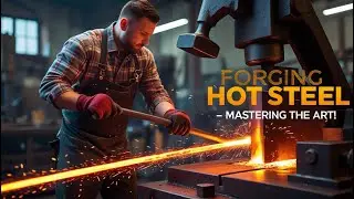 Industrial hot metal forging process, power hammer machine, steel heated to 2000&deg;F, safety gloves, 1