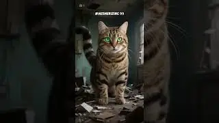 Hyper-realistic giant cat inside a house, towering floor-to-ceiling, realistic fur detail.