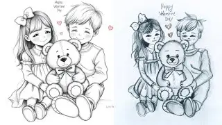 Valentine Day Cute Couple Drawing with Teddy 🧸 | Easy Pencil Sketch | Love Drawing