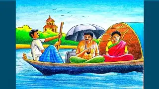 Boat scenery drawing step by step/Boatman drawing with colour/River scenery drawing