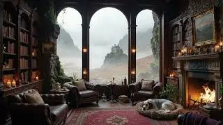 Scottish Ambience &ndash; Cozy Highlands Library Fireplace with Celtic Music, Rain & Crackling Fire