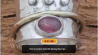 Pink Tourmaline Solid 925 Sterling Silver Spinner Ring For Women, Handmade Hammered Band Two Tone...
