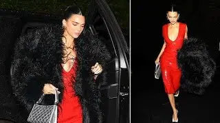 Kendall Jenner Stuns in Red Dress & Black Fuzzy Coat at Christmas Eve Party