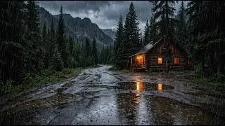 LIVE Rain Sounds 🌧️ Empty Forest Road at Night | Cozy Cabin Lights