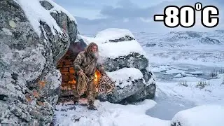 Surviving -80°C: Building a Rock Shelter & Fire by the Frozen River