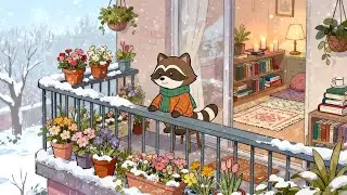 ❄️ Raccoon Winter Balcony with Flowers 🌸 Soft Lofi Beats, Warm Light & Quiet Moments | Relax & Focus