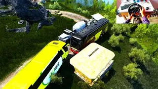 Setra 421 Bus Stuck in Huge Traffic Jam on Narrow Off-Road | ETS2 1.57 | Steering Wheel Gameplay