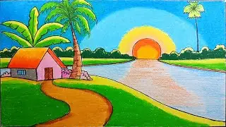 Beautiful Village Sunset Scenery Drawing | Easy Scenery Drawing Step by Step | Drawing Tutorial