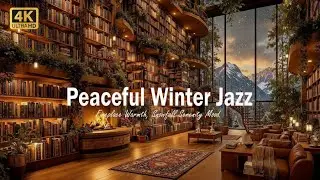 Peaceful Winter Jazz Soundscape ❄️ Glass Library Interior, Fireplace Warmth, Snowfall Serenity Mood.
