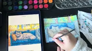 Watercolor Art Card Painting | Cat on a Blue Sofa