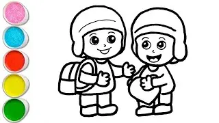 Cute Pocoyo Twins with School Bag and Heart Drawing, Painting and Coloring For Kids and Toddlers