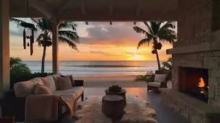 Sunset Ambience - Cozy Beach House Ambience - Relaxing Fireplace & Ocean Waves Ambience