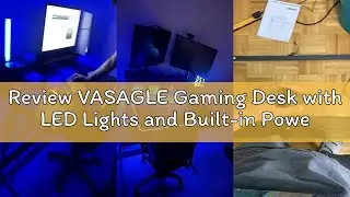 Review VASAGLE Gaming Desk with LED Lights and Built-in Power Outlets, LED Desk with Monitor Shelf,