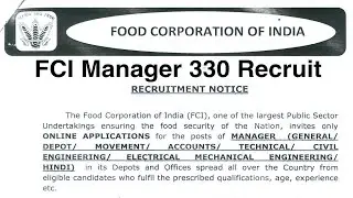 FCI Manager Recruitment 2019, 330 posts, General, Depot, Movement