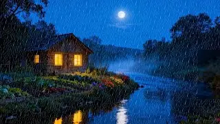 Moonlit Cabin Escape &ndash; Heavy Night Rain by the River for Deep Sleep & Relax (Live)