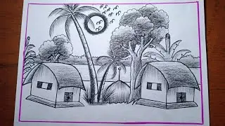How to draw village scenery with pencil sketch/Nature drawing hard and beautiful with pencil