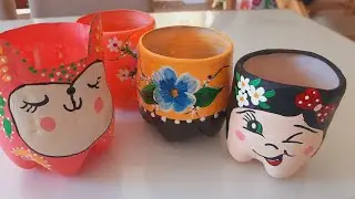 🔴pintando cachepos de garrafa pet  #reciclagem #reutiliza