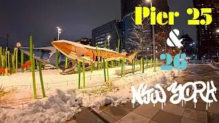 NYC Travel Walking Tour 🚶&zwj;♂️ Pier 25 & 26 Manhattan & NJ Skyline from Hudson River Night View❄️