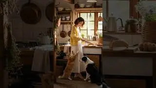 A Cozy Morning: Girl, Cat, and Dog Share Kitchen Moments 🐾🍞☀️