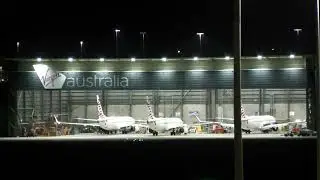 Virgin Australia Maintenance Hangar at night - Brisbane Airport - 2 x 737-800 and 1 x 737-MAX 8