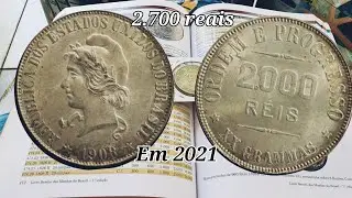 Moeda 2 Mil R&eacute;is, XX gramas prata 1908, rara e valiosa, valores atualizados 2021.