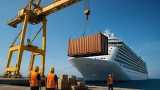 The process of moving heavy goods using a crane onto a cruise ship #crane 