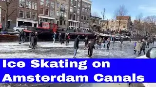 Live Walk: ICE skating on the half frozen canal Amsterdam CANALS.