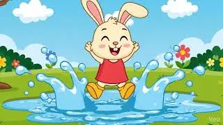A cute rabbit playing in rain water with the little brother