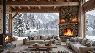 Winter Lakeside Cabin, Fireplace with Gentle Snow ❄️ Warm Piano Background Music for Relax & Calm