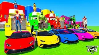 SPIDERMAN CARS Race Challenge over MOUNTAIN Rampa ! SUPERHERO Car HULK Iron Man Service Car - GTA 5