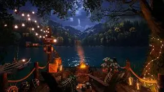 Evergreen Lake - Night Ambience | Cozy Firepit, Soothing Water & Nature Sounds