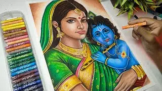 How to draw Mother's Day Drawing, Yashoda and Krishna Drawing, Oil Pastel Drawing
