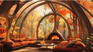 Luxury Autumn Living Room Ambience 🍁 Fireplace, Forest View, Falling Leaves & Dreamy Japanese Music