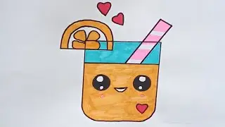 How to Draw a kawaii Glass of Orange Juice | Cute Drink With Straw & Hearts Step by step for..