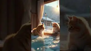 Fluffy cats lounge in a serene snowy hot spring, radiating winter magic.