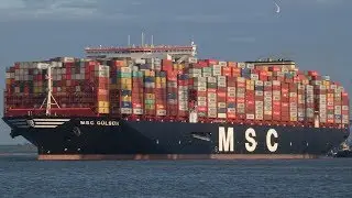 New World's largest container ship, MSC Gülsün departs Felixstowe at first light. 7th September 2019