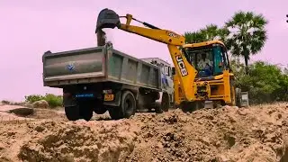 Jcb Filling Mud in  Tippers - Jcb Backhoe loader loading Solid Mud in  Tipper - Jcb Backhoe Loader