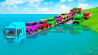 Triple Flatbed Trailer McQueen Transportation with Truck - Speedbumps vs Cars vs Train - BeamNG #